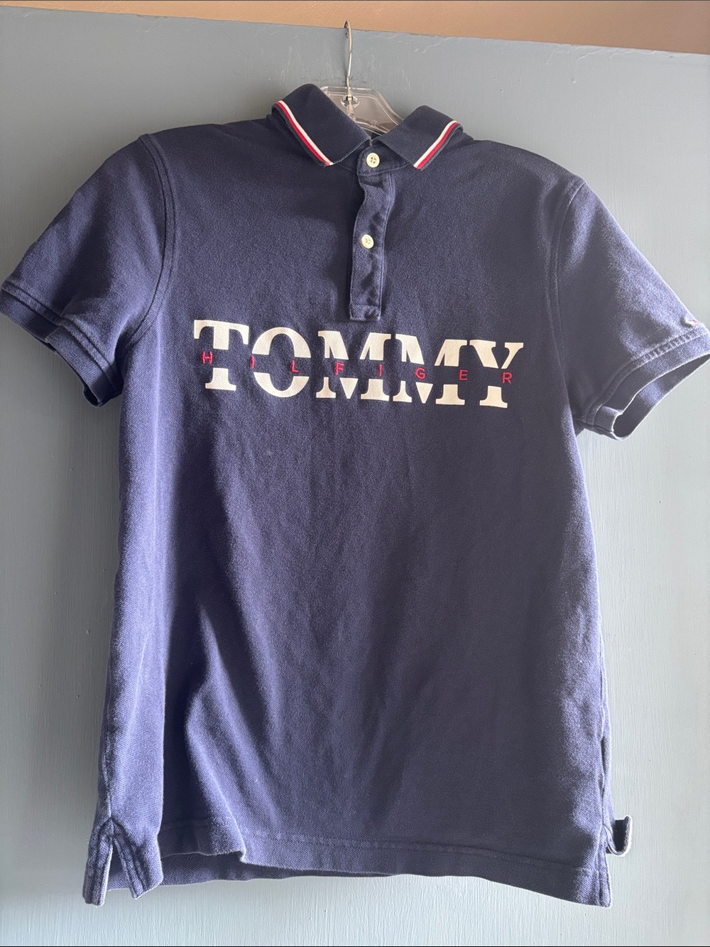 Tommy Hilfiger Navy Polo with White Logo and Red Trim spell out